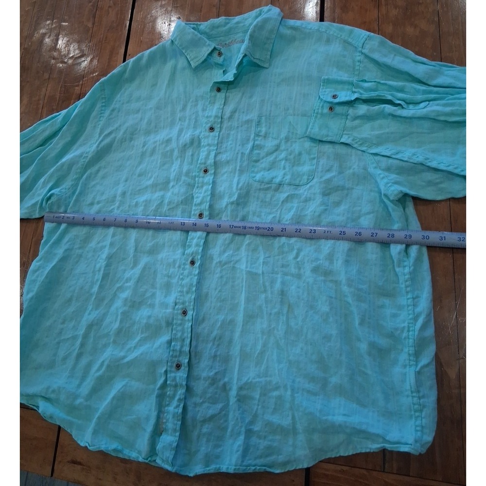 Caribbean Shirt Men 4XB Green Plaid Long Sleeve Button Linen Blend Preppy Beach - Picture 4 of 4